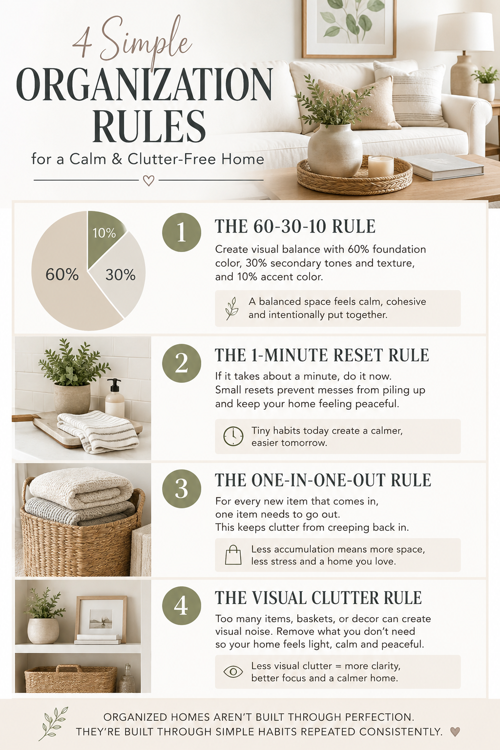 Home organization infographic explaining the 60-30-10 rule for decluttering, storage, and creating a
