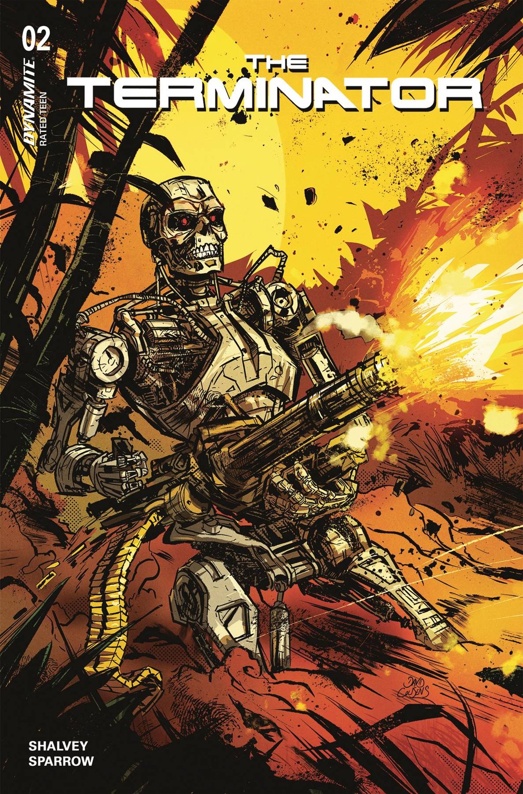 Cover to issue 2 of the Terminator, a Terminator T800 endoskeleton firing a minigun in the jungle