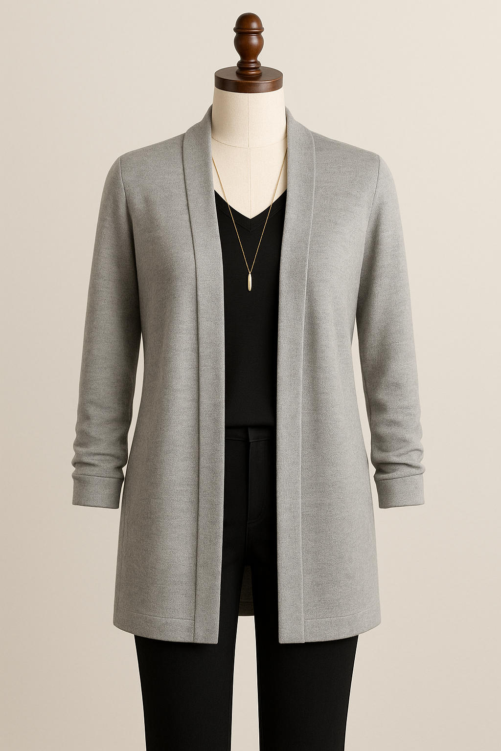 Open front cardigan styled with slim pants and V-neck top 
