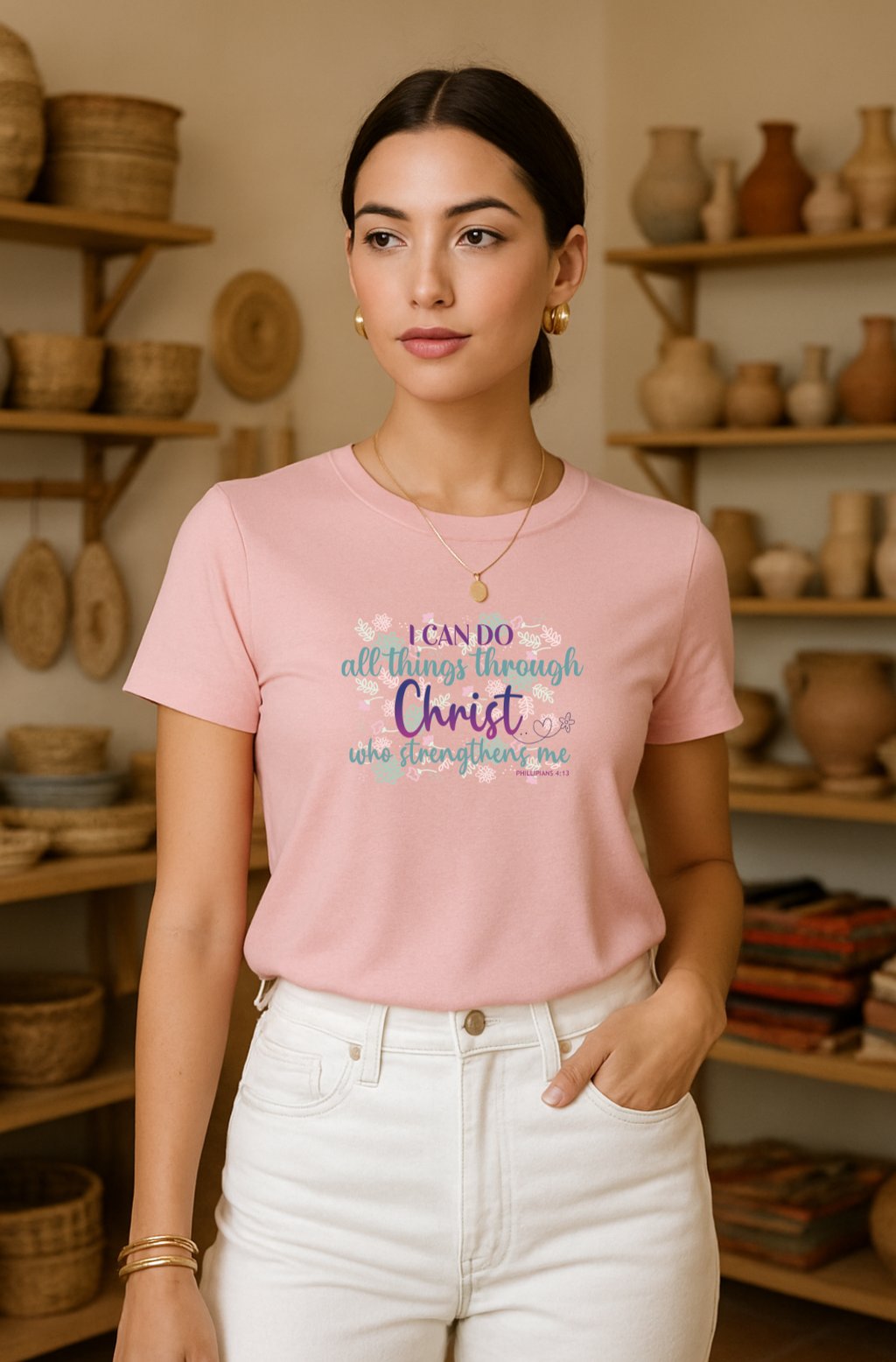 mujer en tienda de artesanias luciendo camiseta estampada personalizada