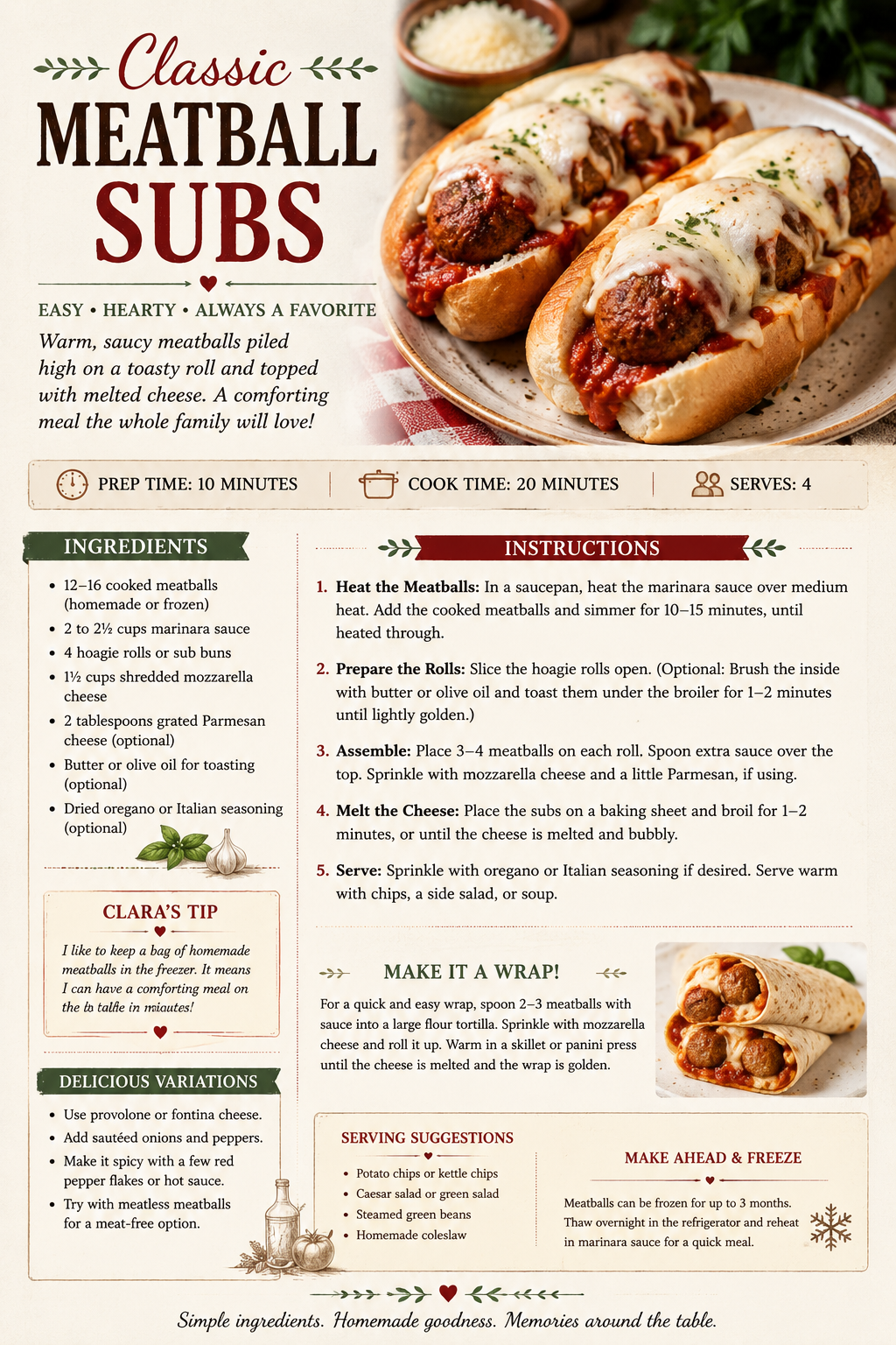 Recipe card for classic meatball subs with marinara sauce and melted cheese on toasted rolls.