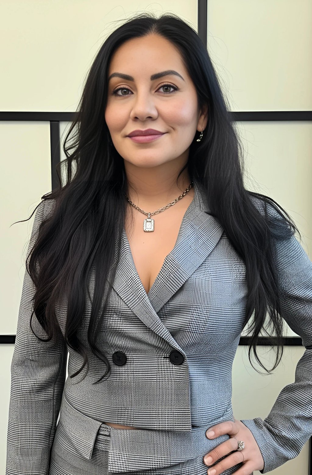 Professional woman with long dark hair wearing a grey plaid blazer and gold necklace.