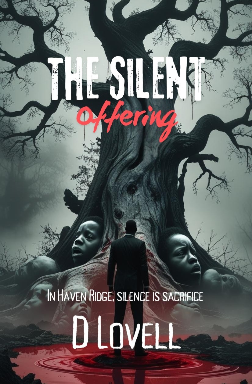 Horror book cover for The Silent Offering by D Lovell featuring a spooky tree with human faces in the roots.