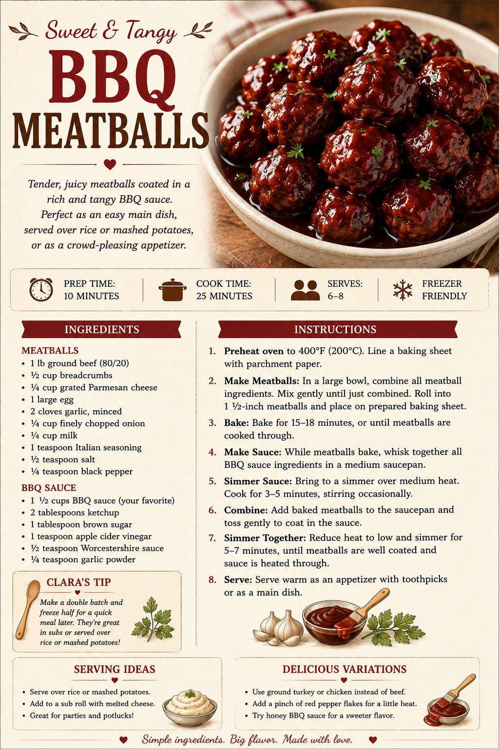 A recipe card for sweet and tangy BBQ meatballs with a photo of glazed meatballs in a white bowl.