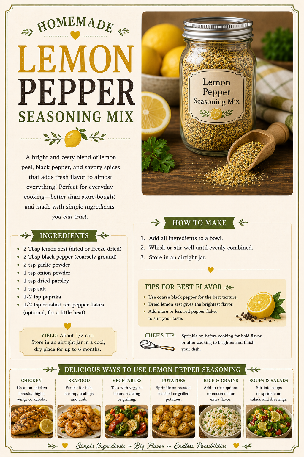 Homemade lemon pepper seasoning recipe infographic with ingredients, instructions, and food pairing ideas.