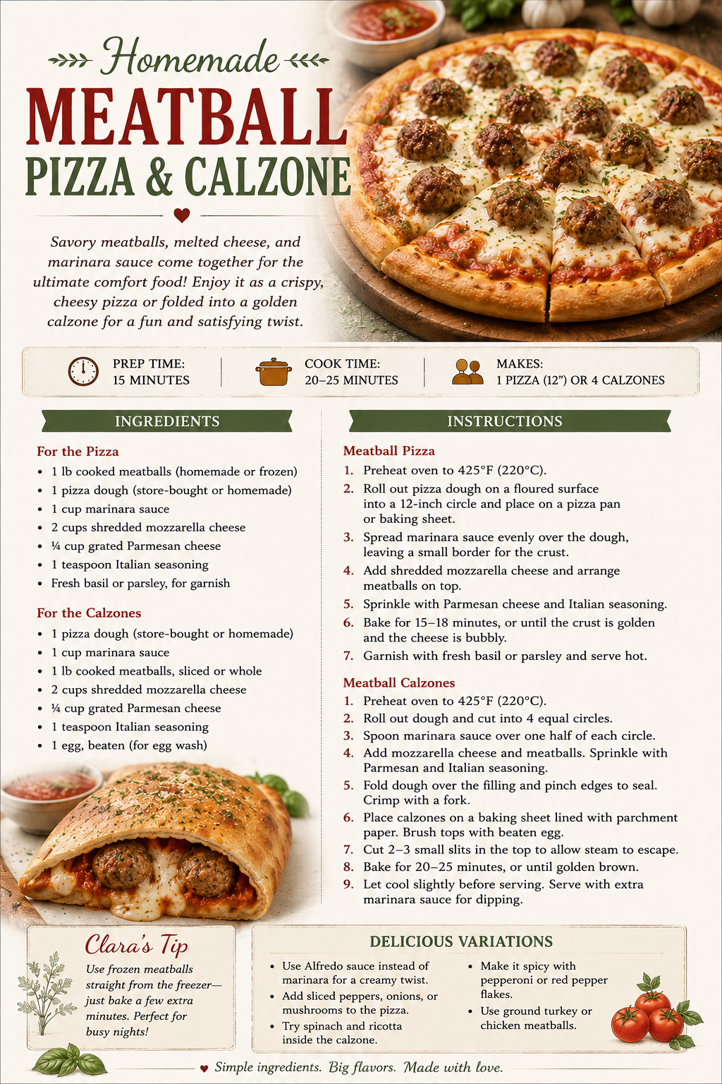 Recipe card for homemade meatball pizza and calzones with ingredients, cooking instructions, and variations.
