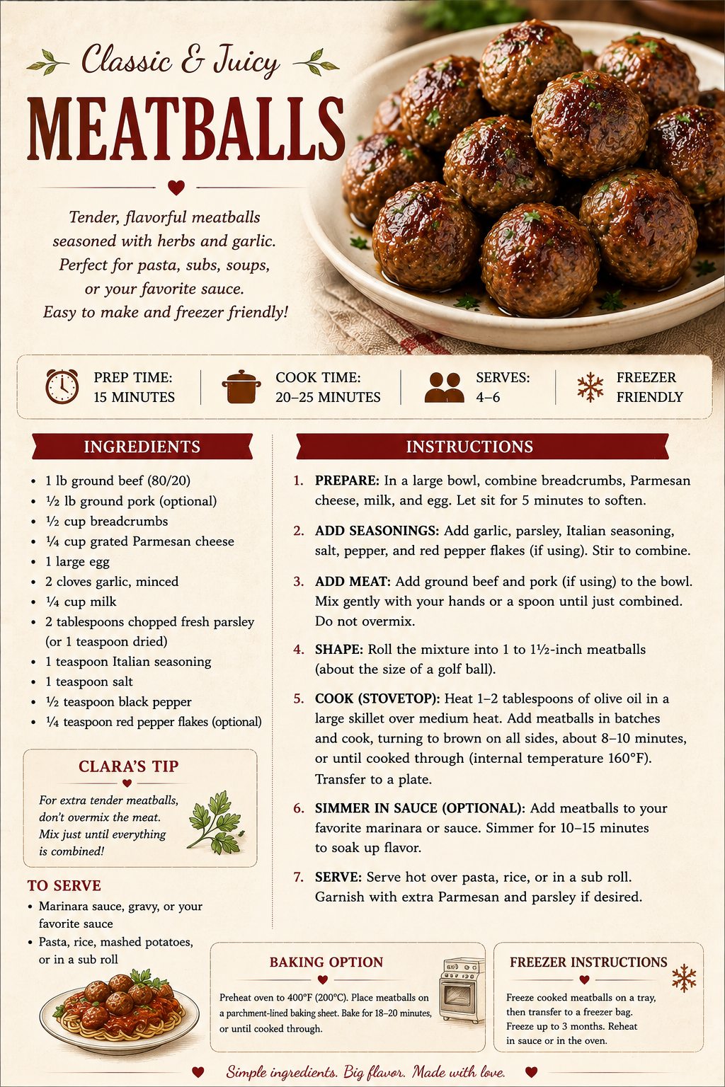 Recipe infographic for classic juicy homemade meatballs featuring ground beef, herbs, and cooking instructions.