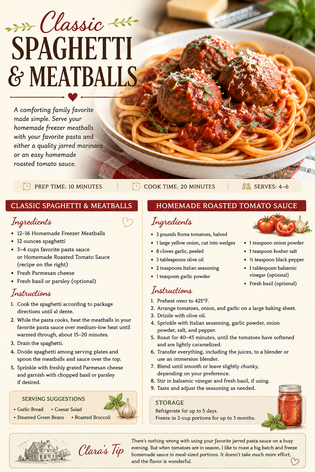Recipe card for classic spaghetti and meatballs featuring homemade roasted tomato sauce with ingredients and instructions.