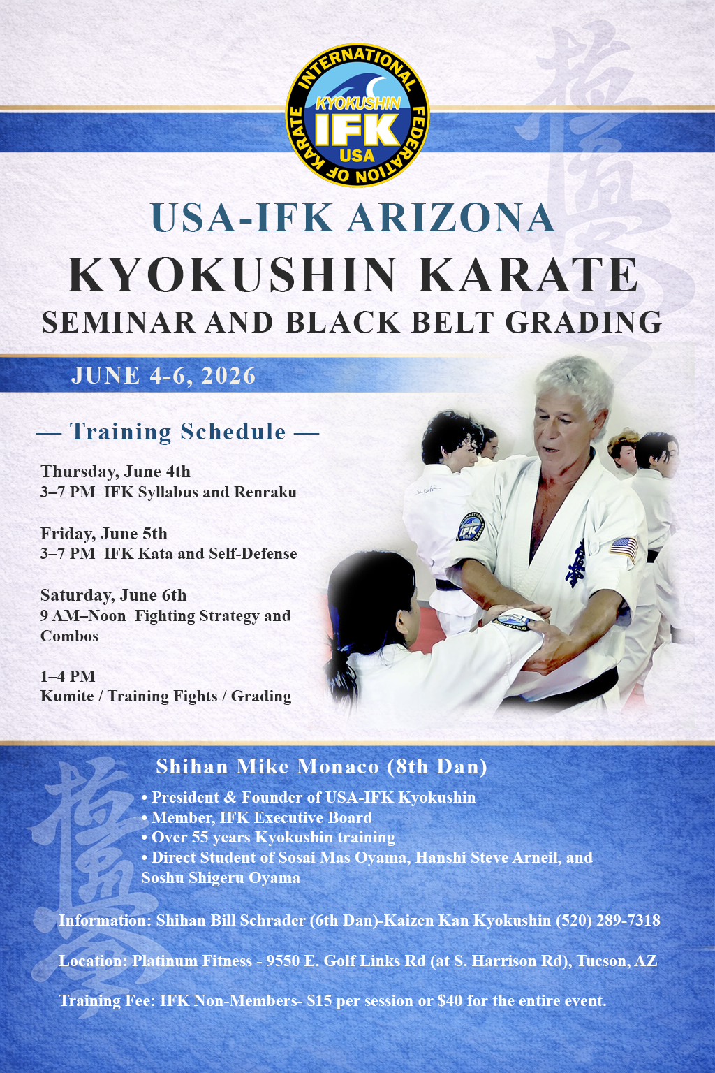 Flyer for USA-IFK Kyokushin Arizona seminar and black belt grading with Shihan Mike Monaco, June 4–6, 2026.