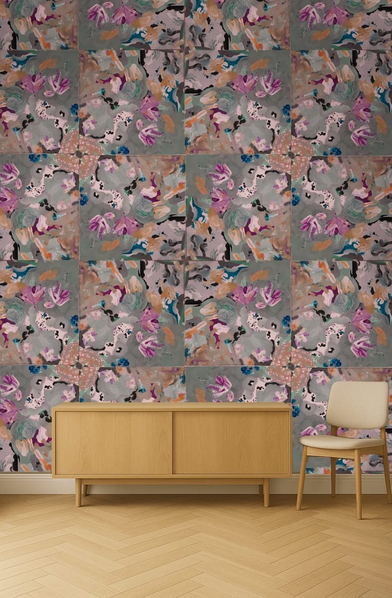 Mid-century furniture in front of hand-painted wallpaper mural with grey and red, by House of Lyria