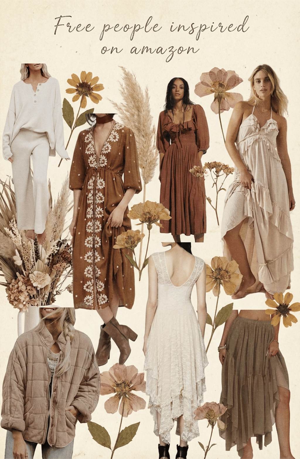 A collection of Free People inspired boho dresses and aesthetic outfits for women available on Amazon.
