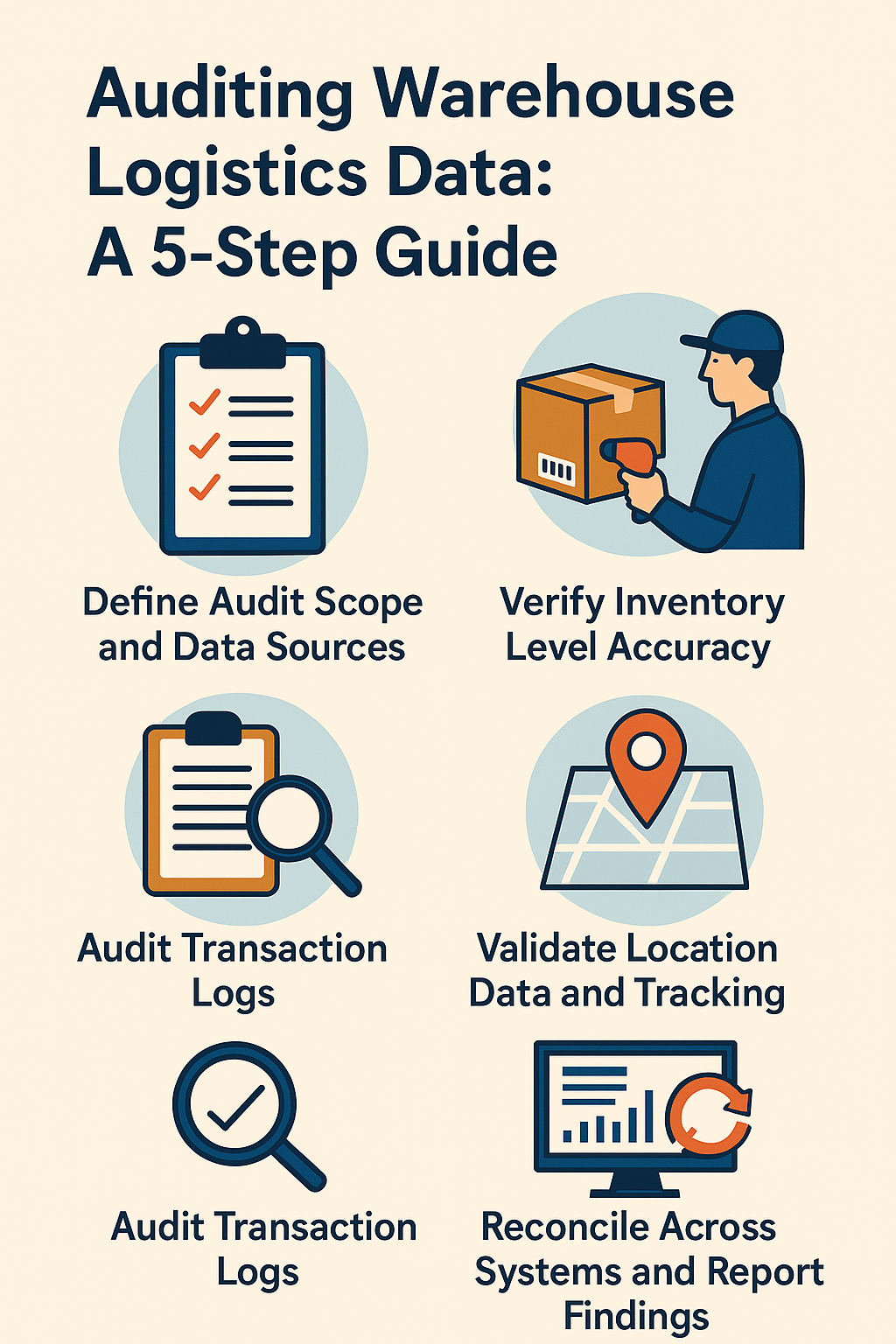 Illustration showing the five main steps of auditing warehouse logistics data: defining audit scope and data sources, verifyi