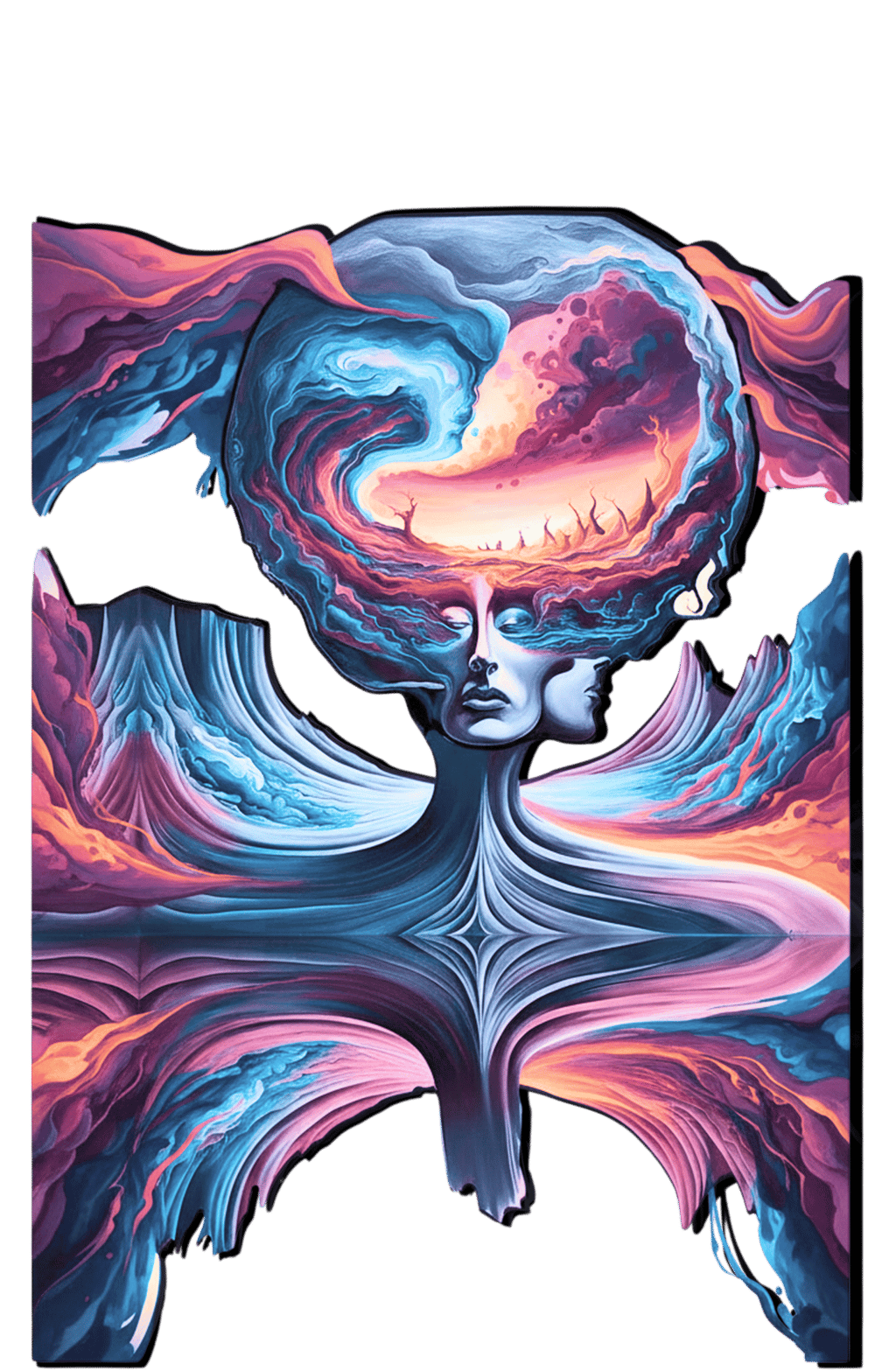 Surreal abstract art of a face merging into a dreamlike landscape with colorful swirling clouds.