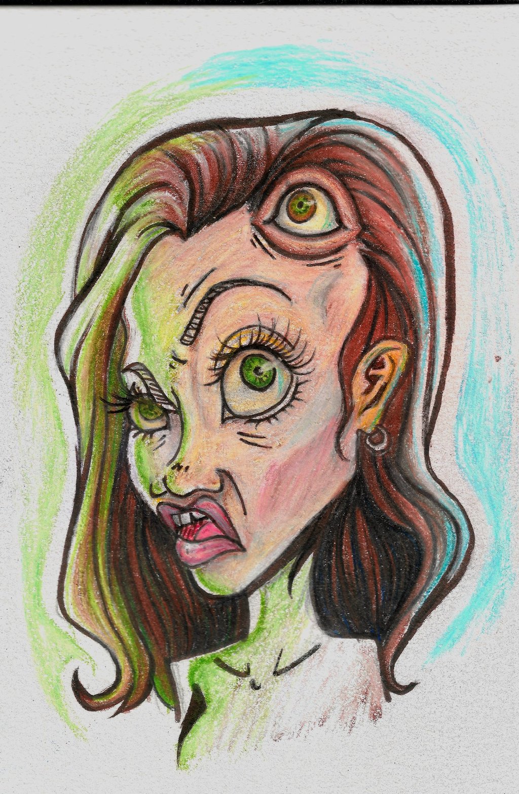a drawing of a woman with green eyes. Angelina Jolie with a third eye.