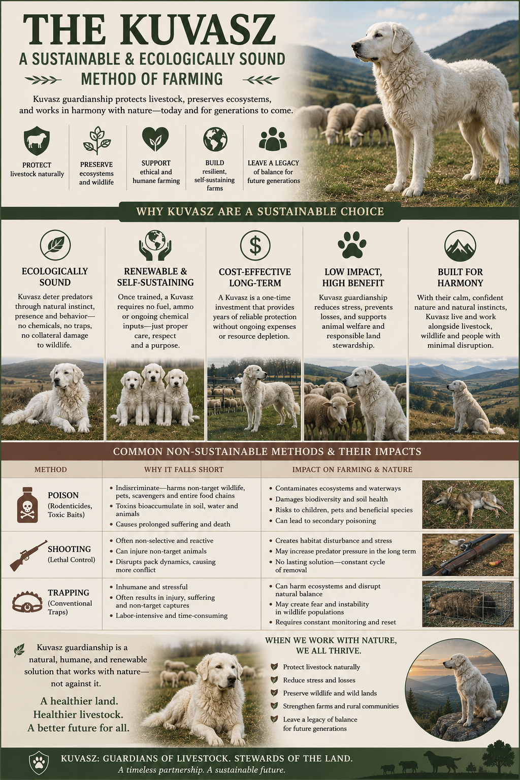 Infographic about Kuvasz livestock guardian dogs as a sustainable and ecological farming method for predator control.