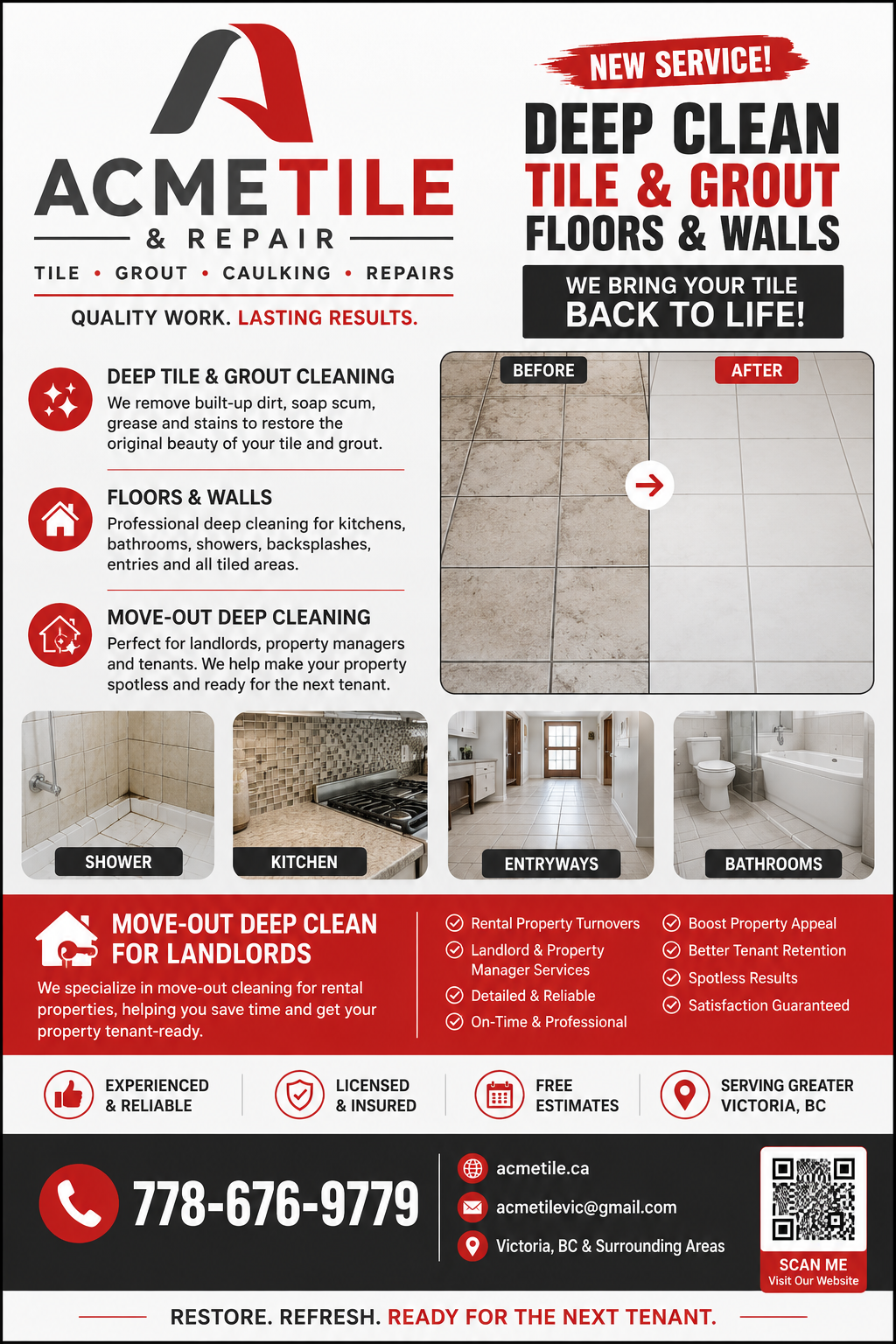 Shower Grout Restoration – Clean grout lines, fresh caulking, and restored tile. Kitchen Tile Floor 