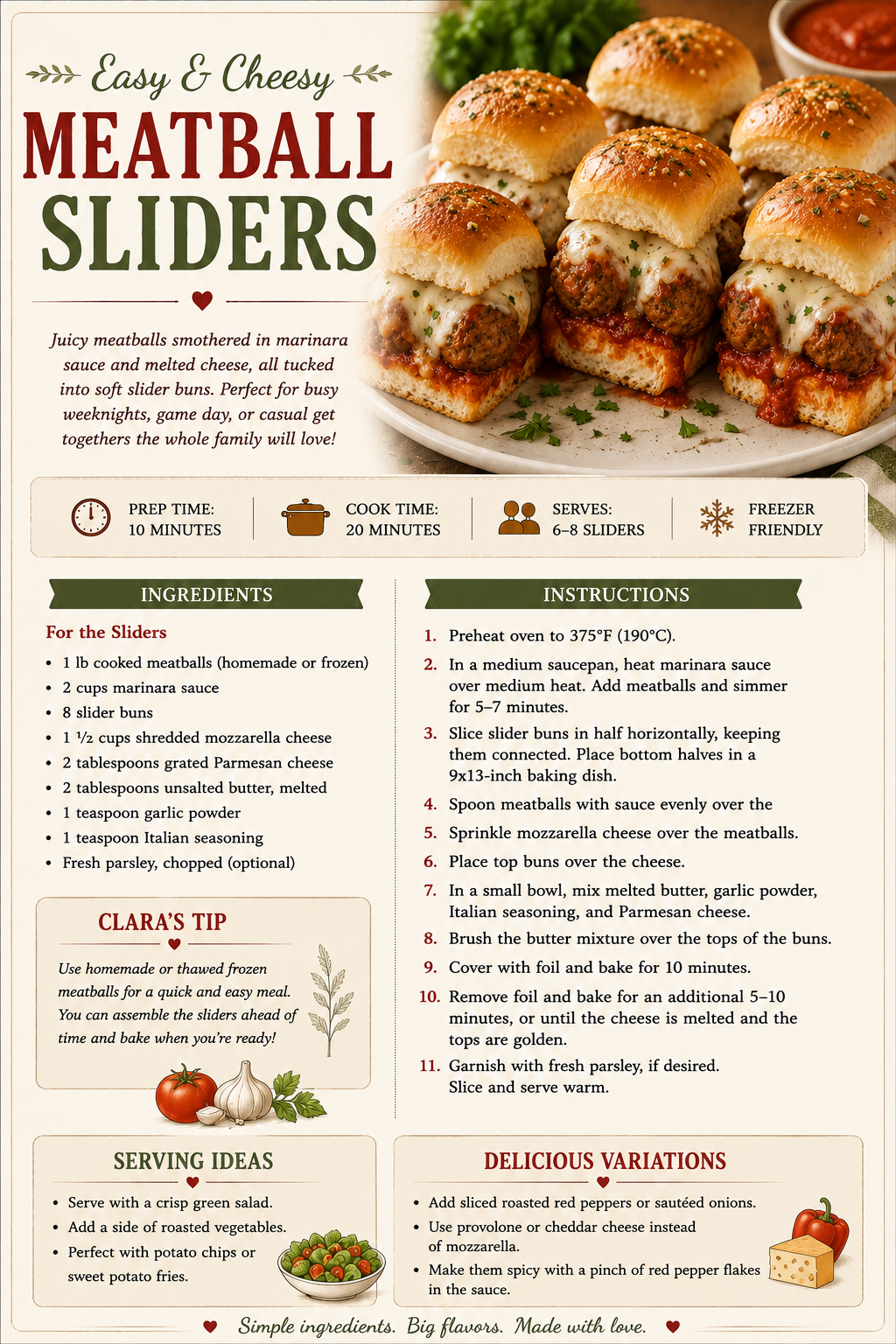 Easy & Cheesy Meatball Sliders recipe card with ingredients and instructions. Homemade meatballs, marinara, and melted