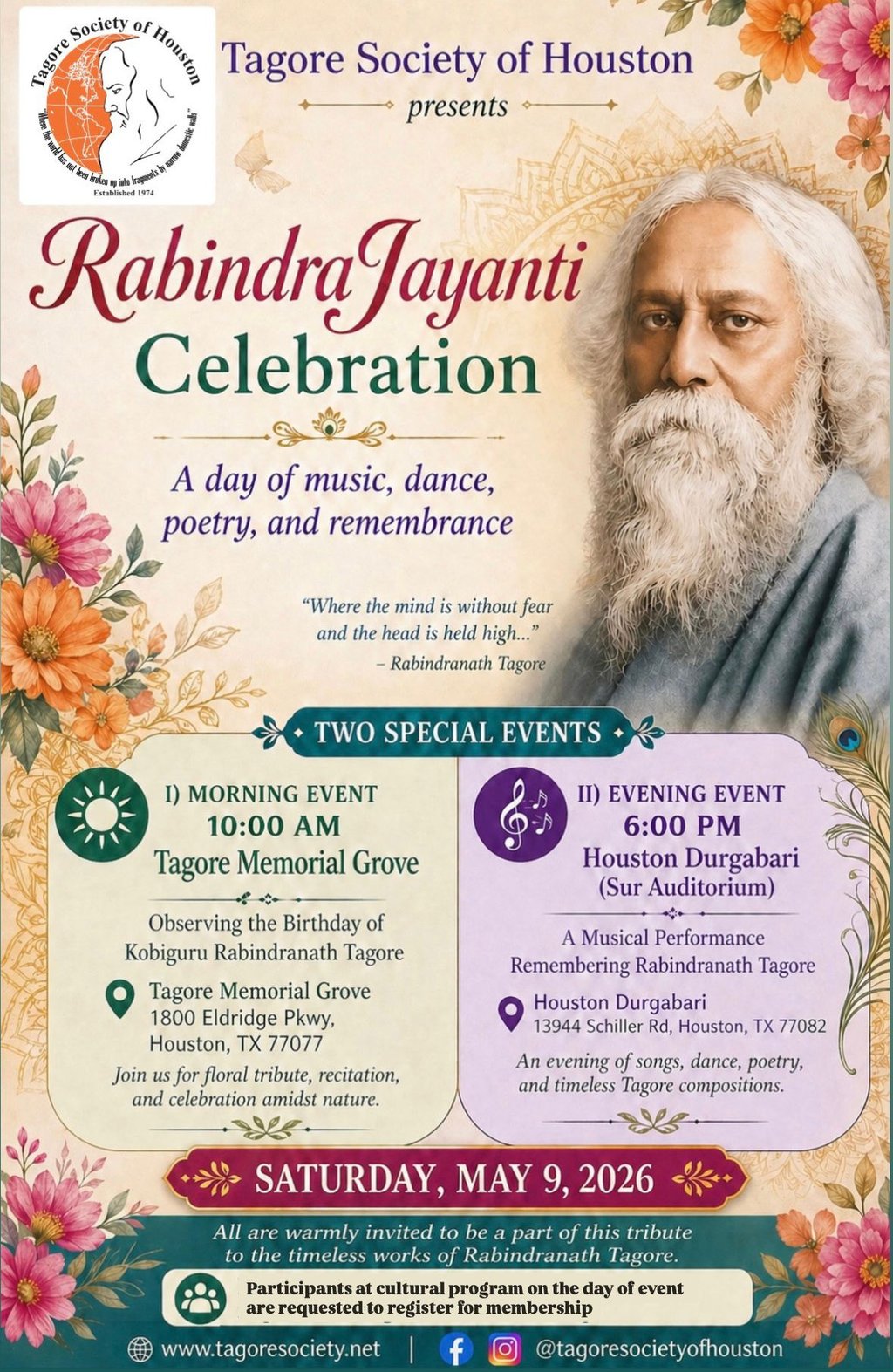 Flyer for the Tagore Society of Houston's Rabindra Jayanti Celebration featuring music, dance, and poetry events.