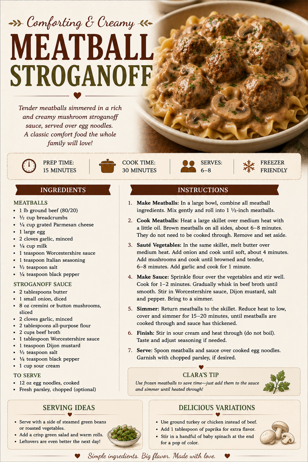 Printable recipe card for Comforting and Creamy Meatball Stroganoff featuring ingredients, instructions, and serving ideas.