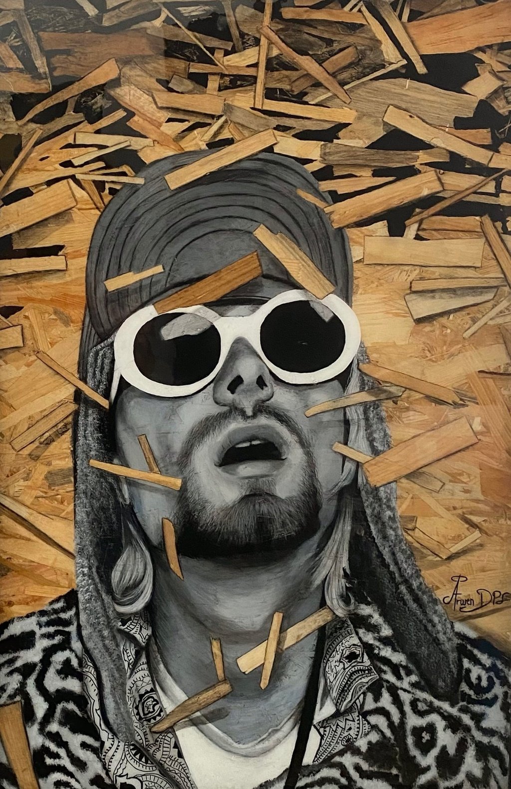 Œuvre intitulée Boddah, représentant Kurt Cobain, peinture réalisée sur bois OSB.