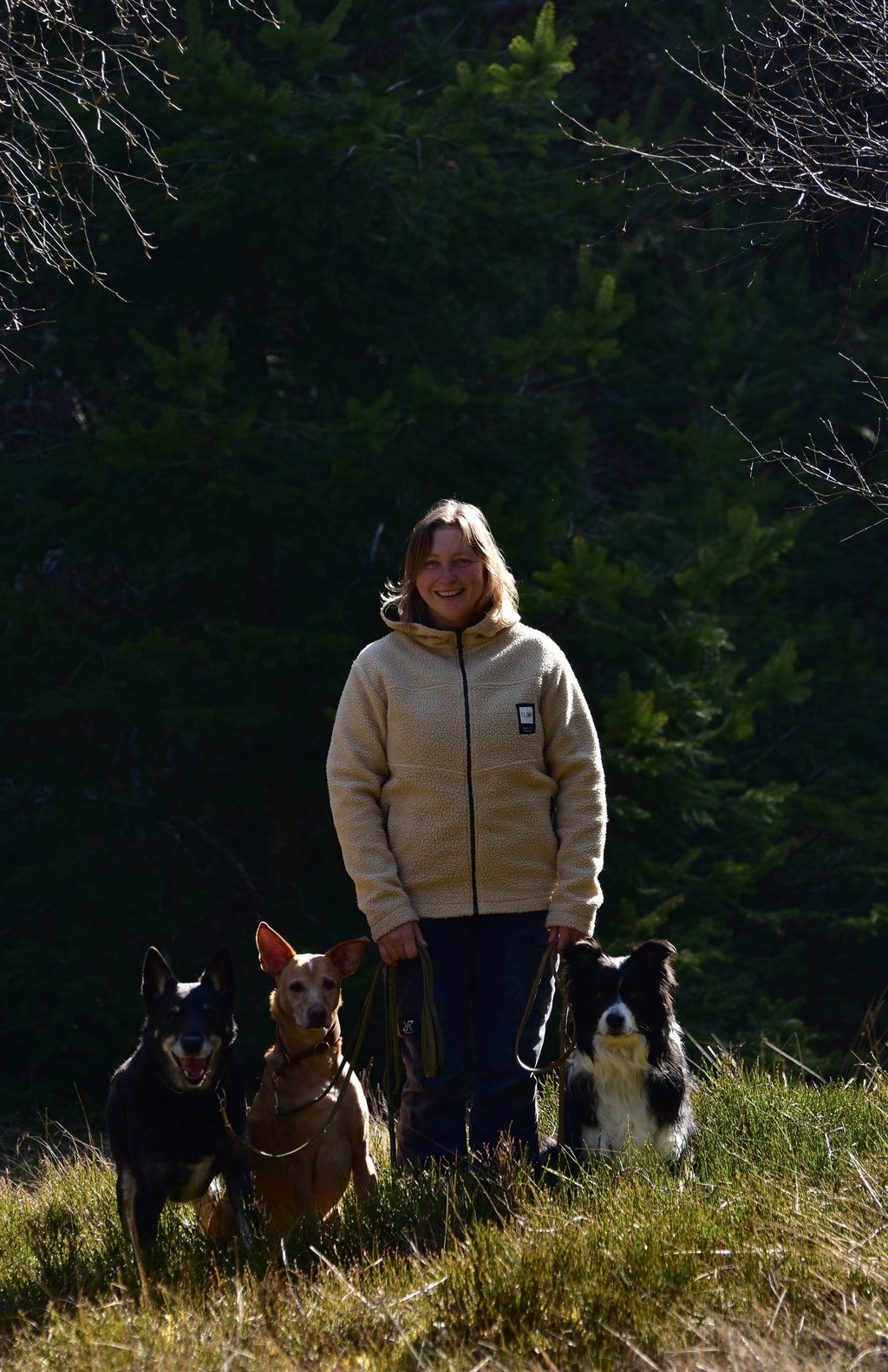 Smiling woman in a fleece jacket standing with three dogs in a sunny evergreen forest.