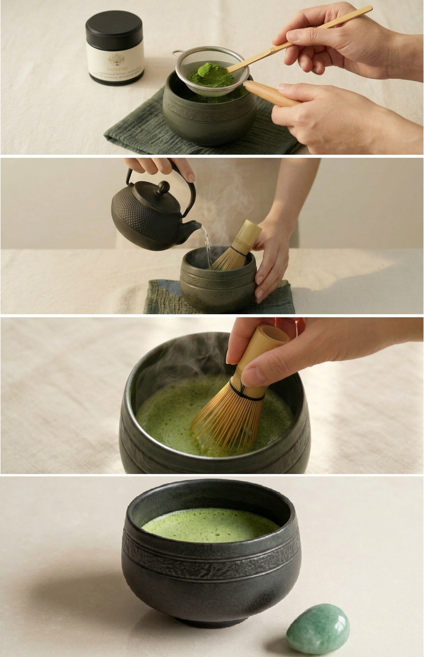 matcha preparation process showing powder water and whisking steps
