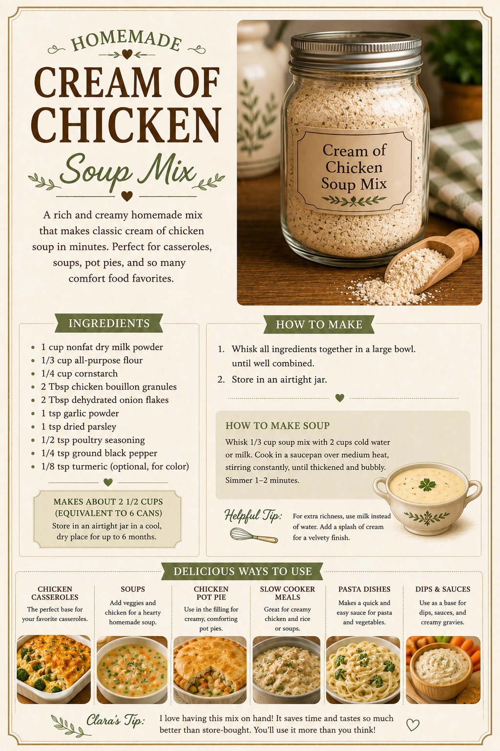 Recipe card for homemade cream of chicken soup mix with ingredients, instructions, and serving suggestions.
