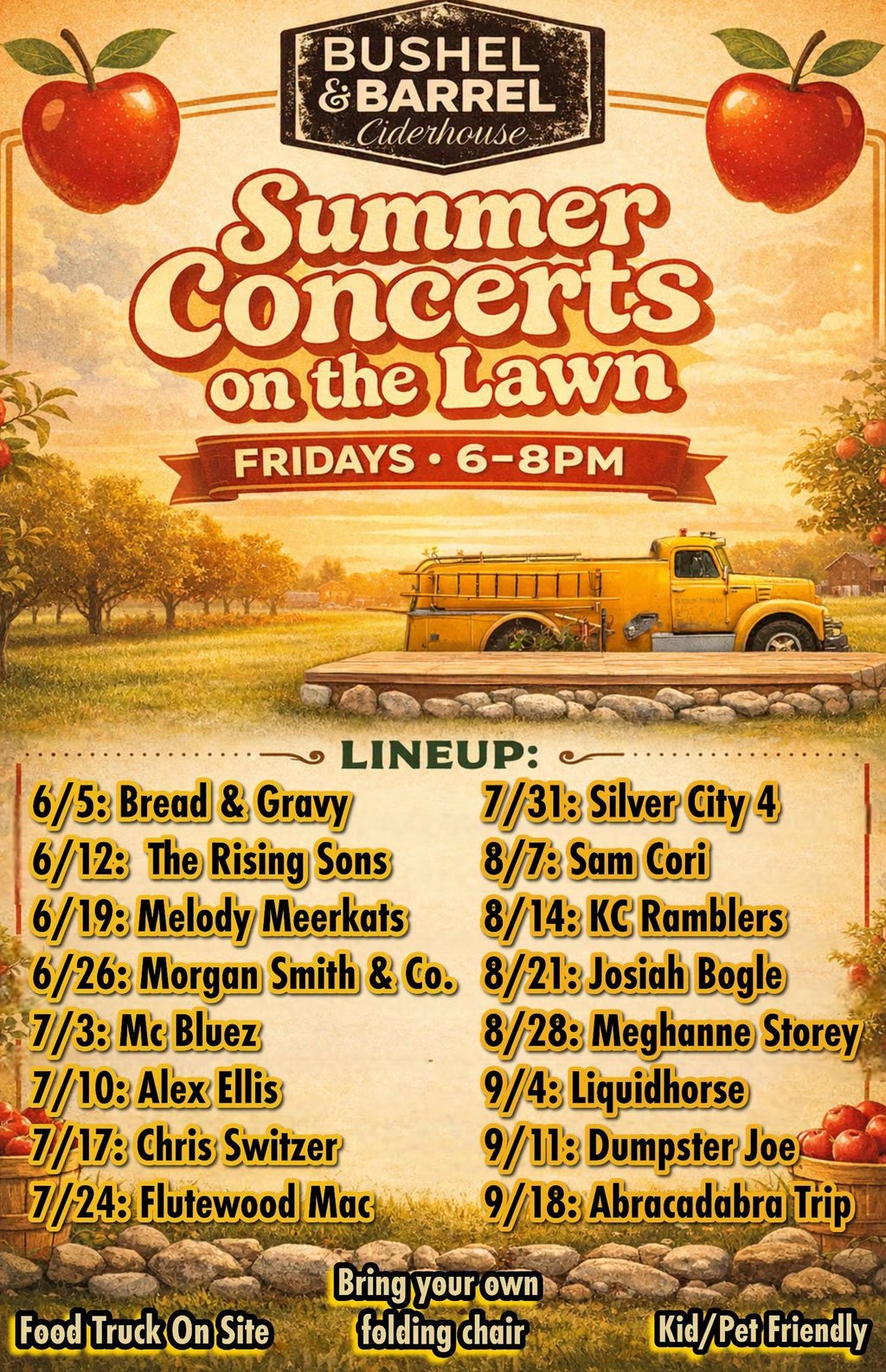 Promotional poster for Summer Concerts on the Lawn at Bushel and Barrel Ciderhouse with a full band lineup.