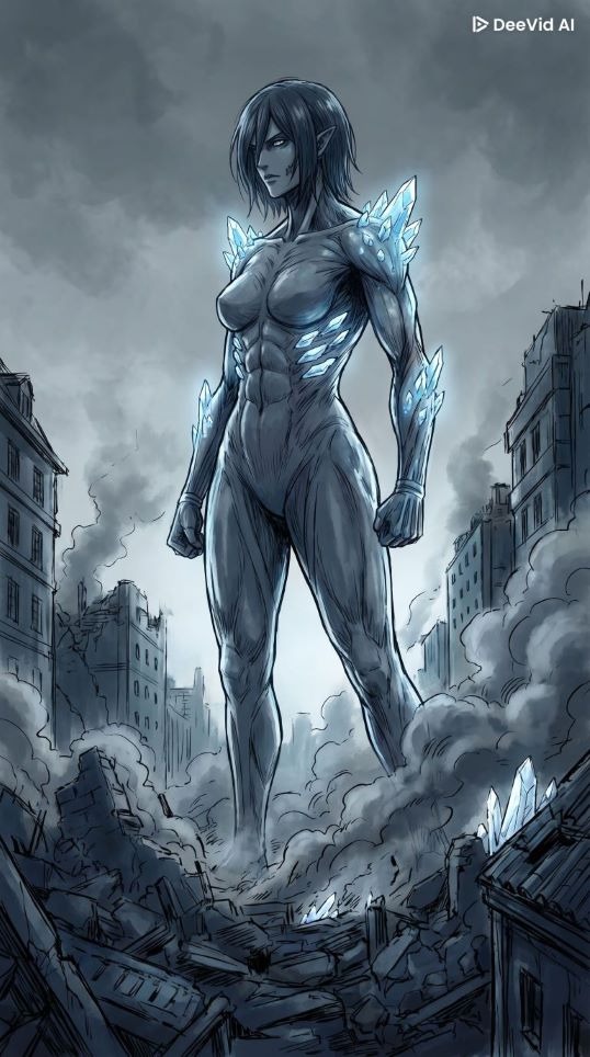 Giant female titan with glowing blue crystal armor standing amidst city ruins and smoke.