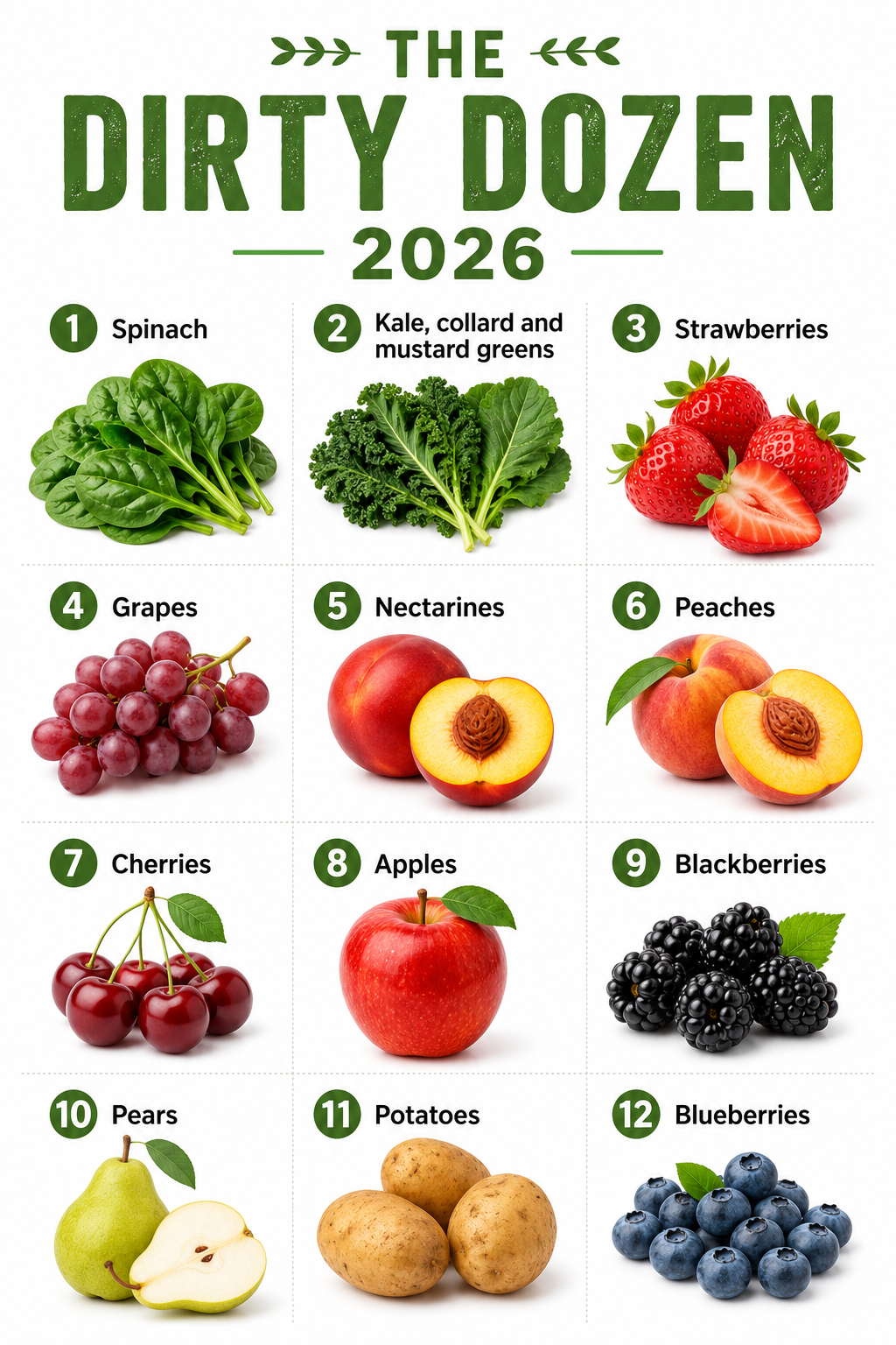 The Dirty Dozen 2026 list featuring 12 fruits and vegetables with high pesticide residue like spinach, strawberries, and