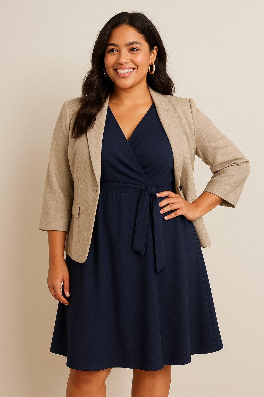 Woman in A-line wrap dress and blazer flattering a pear-shaped body.