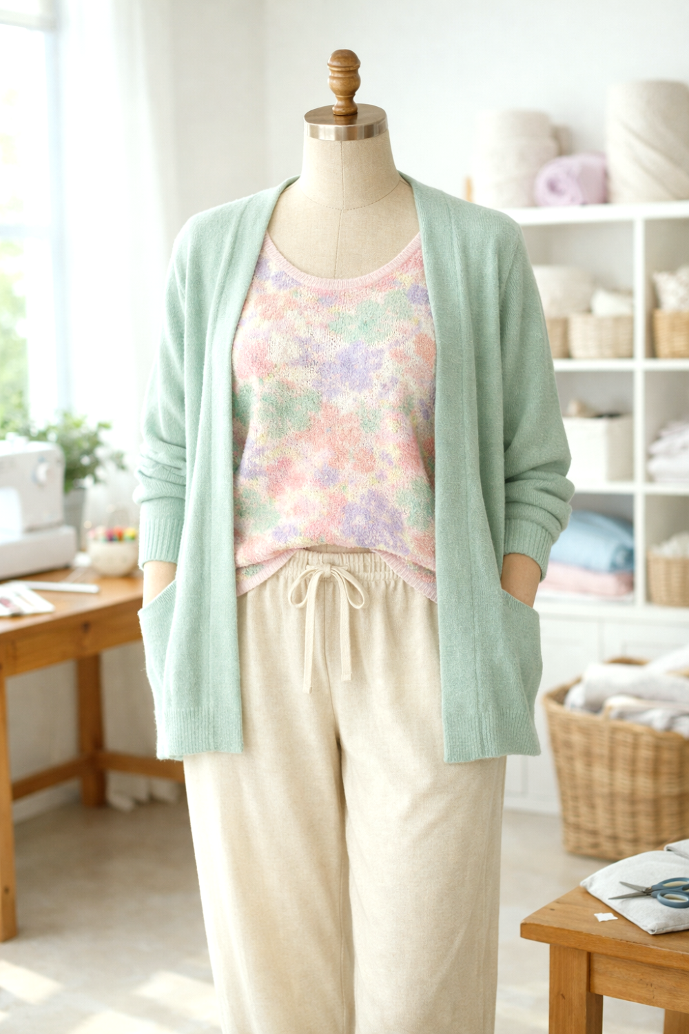Mannequin wearing comfortable pastel top, relaxed pants, and cardigan 