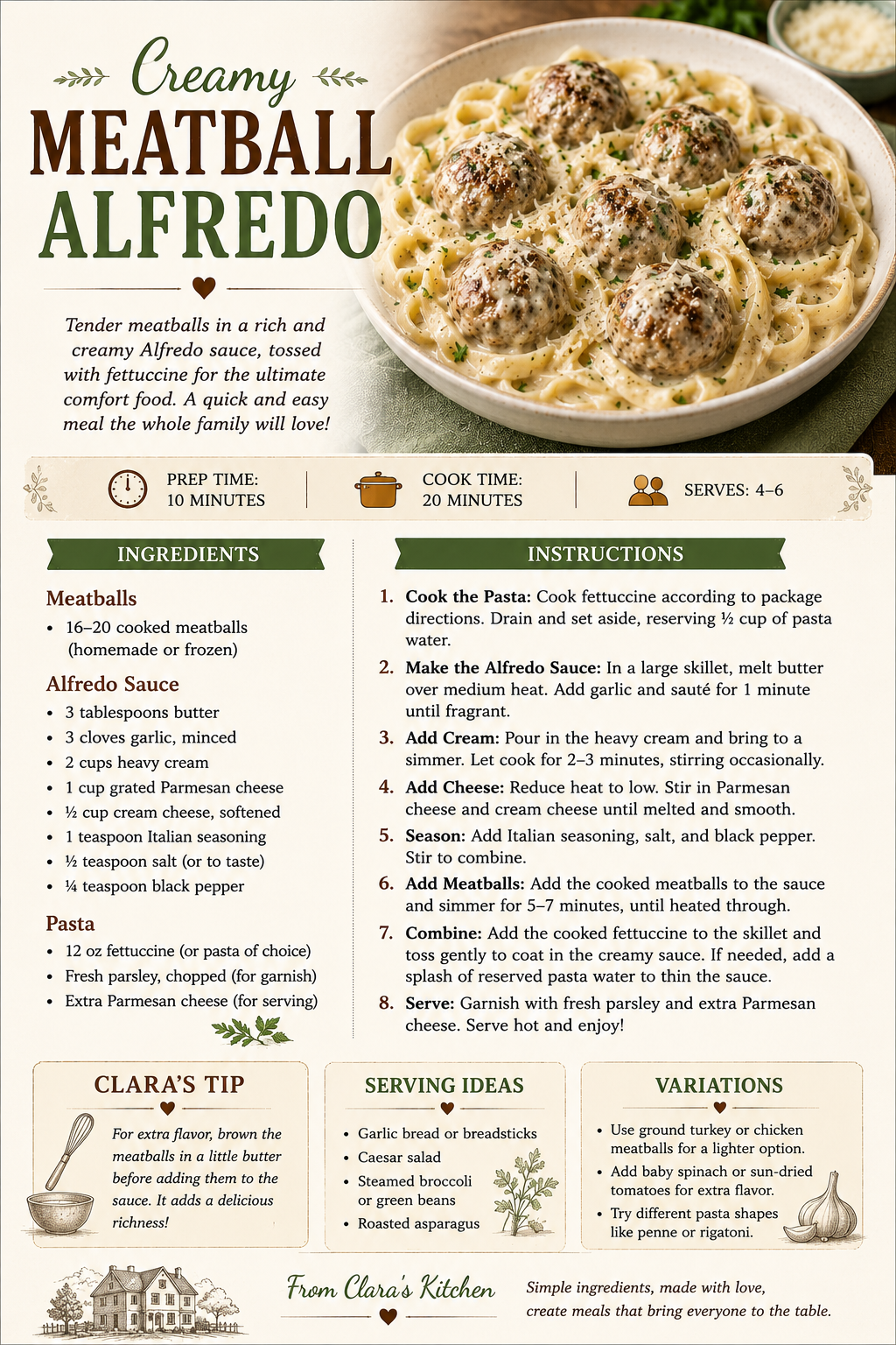 Creamy meatball alfredo recipe card with ingredients and instructions for fettuccine pasta in a white cream sauce.