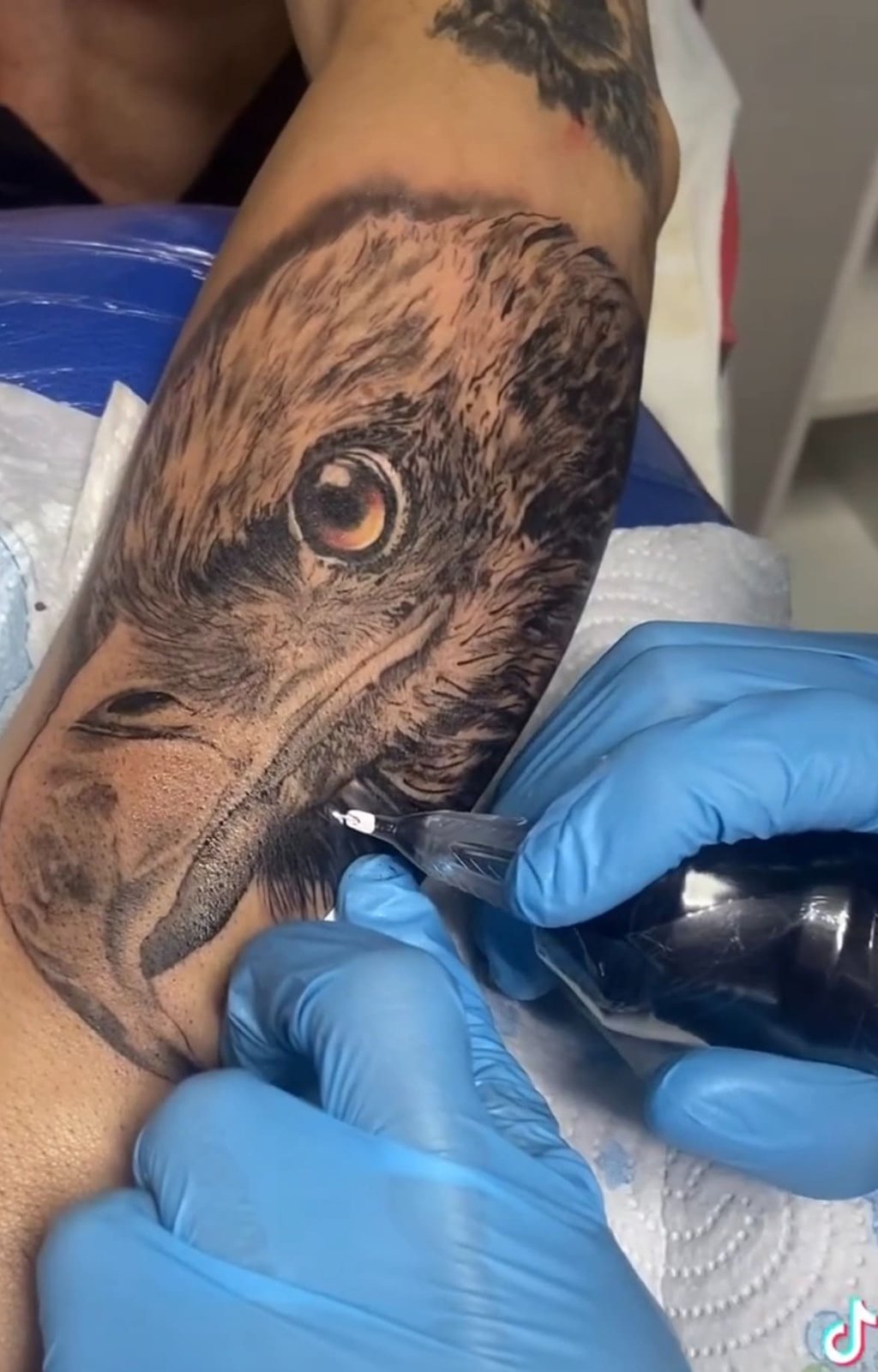 Detailed black and grey realism bald eagle tattoo being inked on a forearm by a professional artist.
