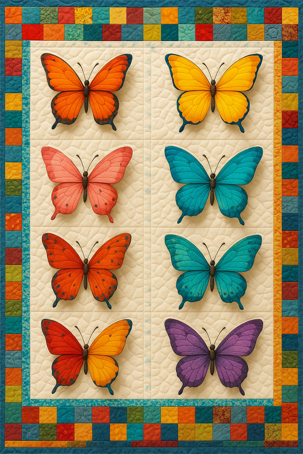 A quilt features nine colorful butterflies appliquéd in 3D style, with wings lifted for a lifelike e