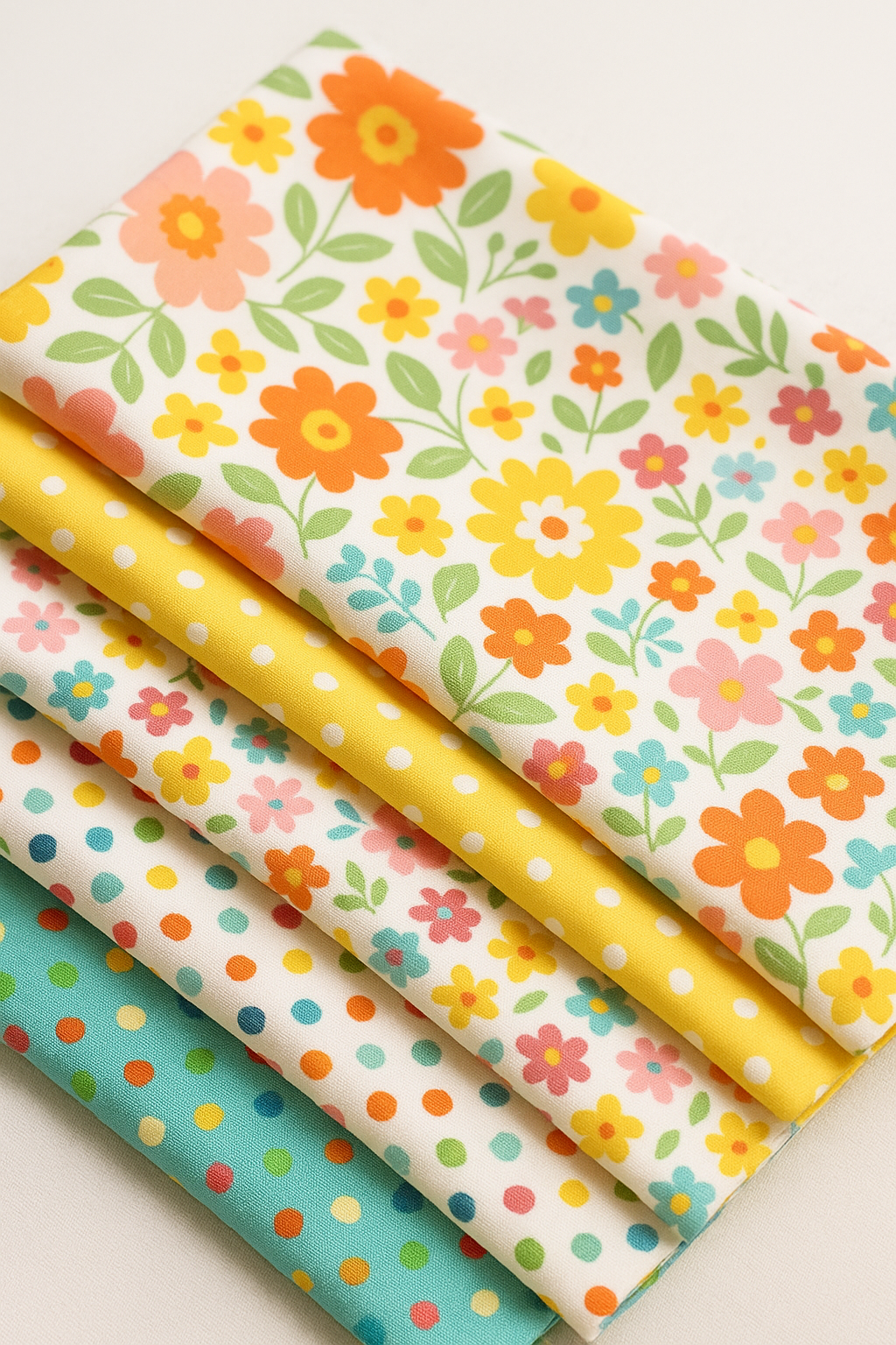 “Four neatly folded half-yard cuts of colorful cotton fabric in cheerful floral and polka dot prints