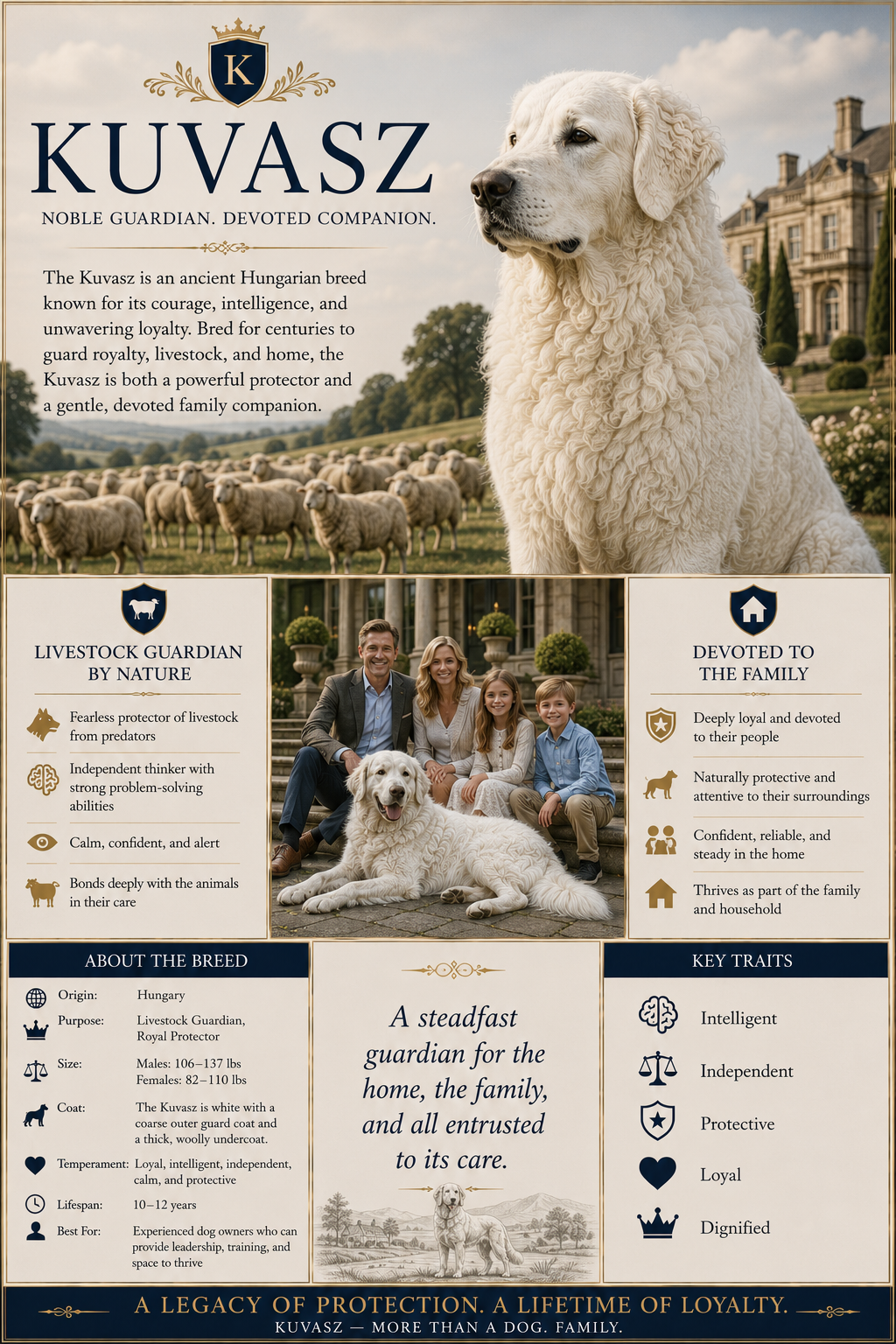 Kuvasz dog breed infographic showing a Hungarian guard dog with sheep and a happy family.