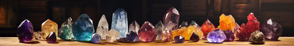 a row of colorful crystals of different shapes and sizes