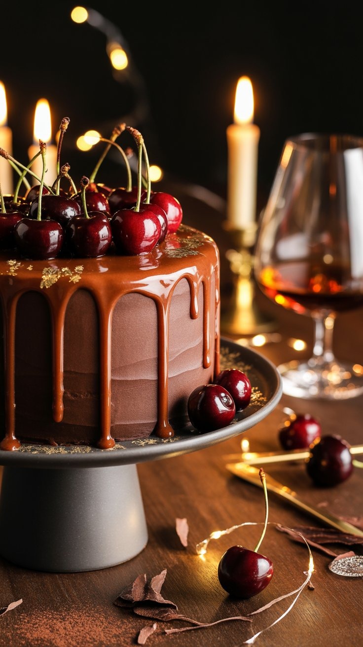 a cake with chocolate icing and cherries on top of a cake