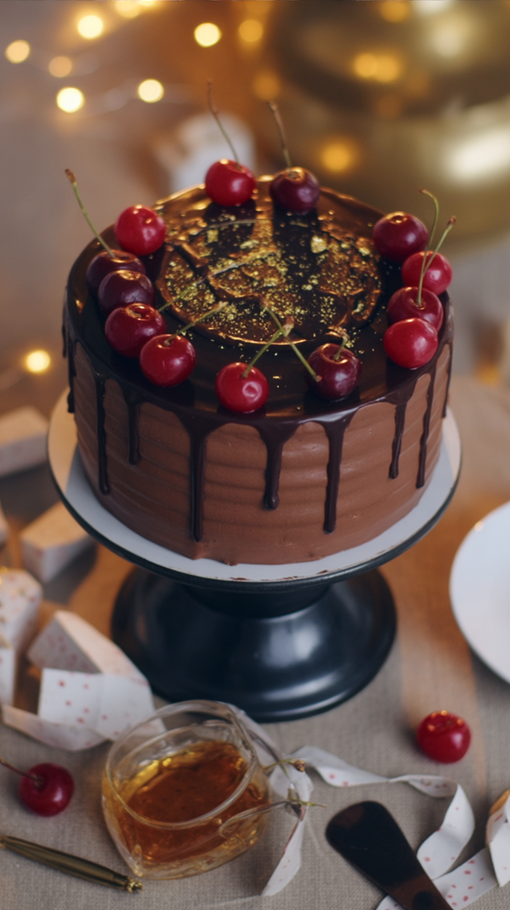a cake with chocolate icing and cherries on top of a cake
