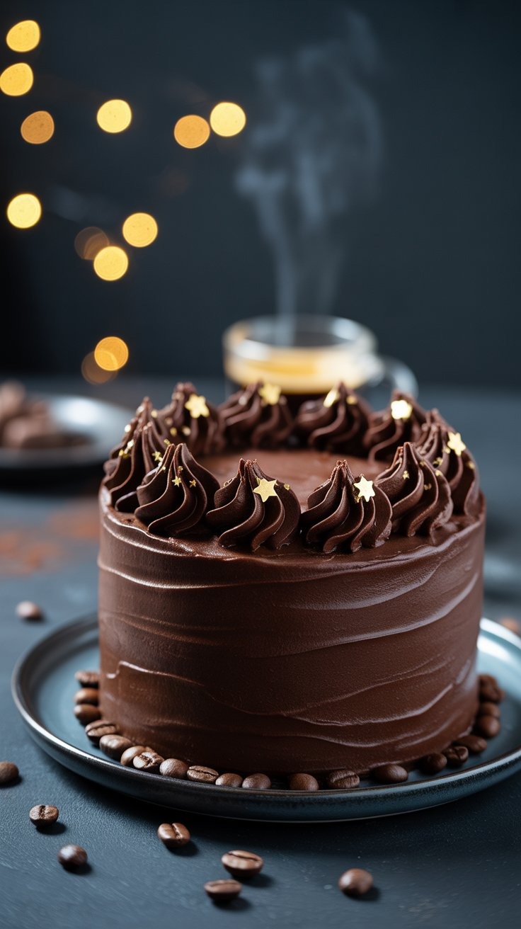 a chocolate cake with coffee beans and coffee beans