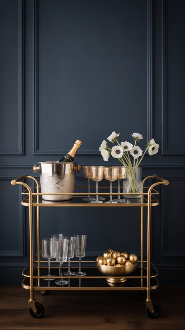 a bar cart with champagne flutes and champagne flutes