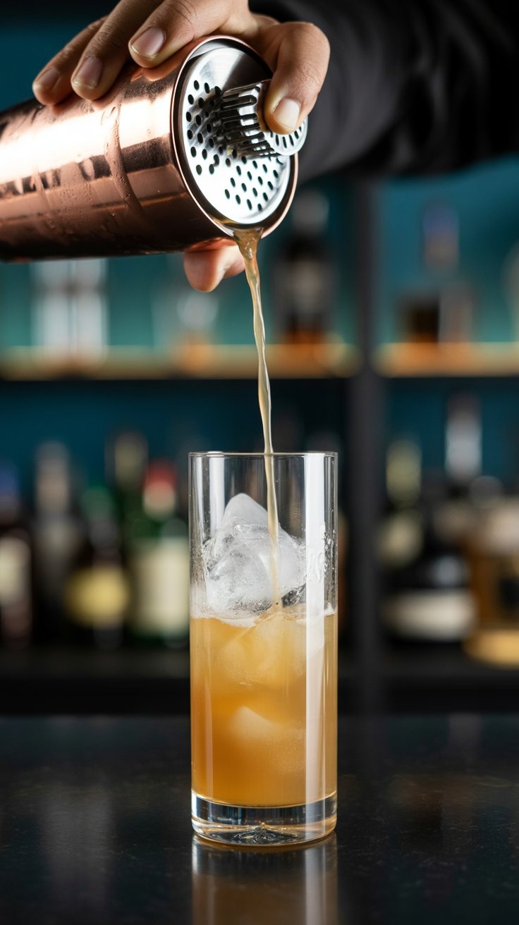 a person is pouring a drink into a glass