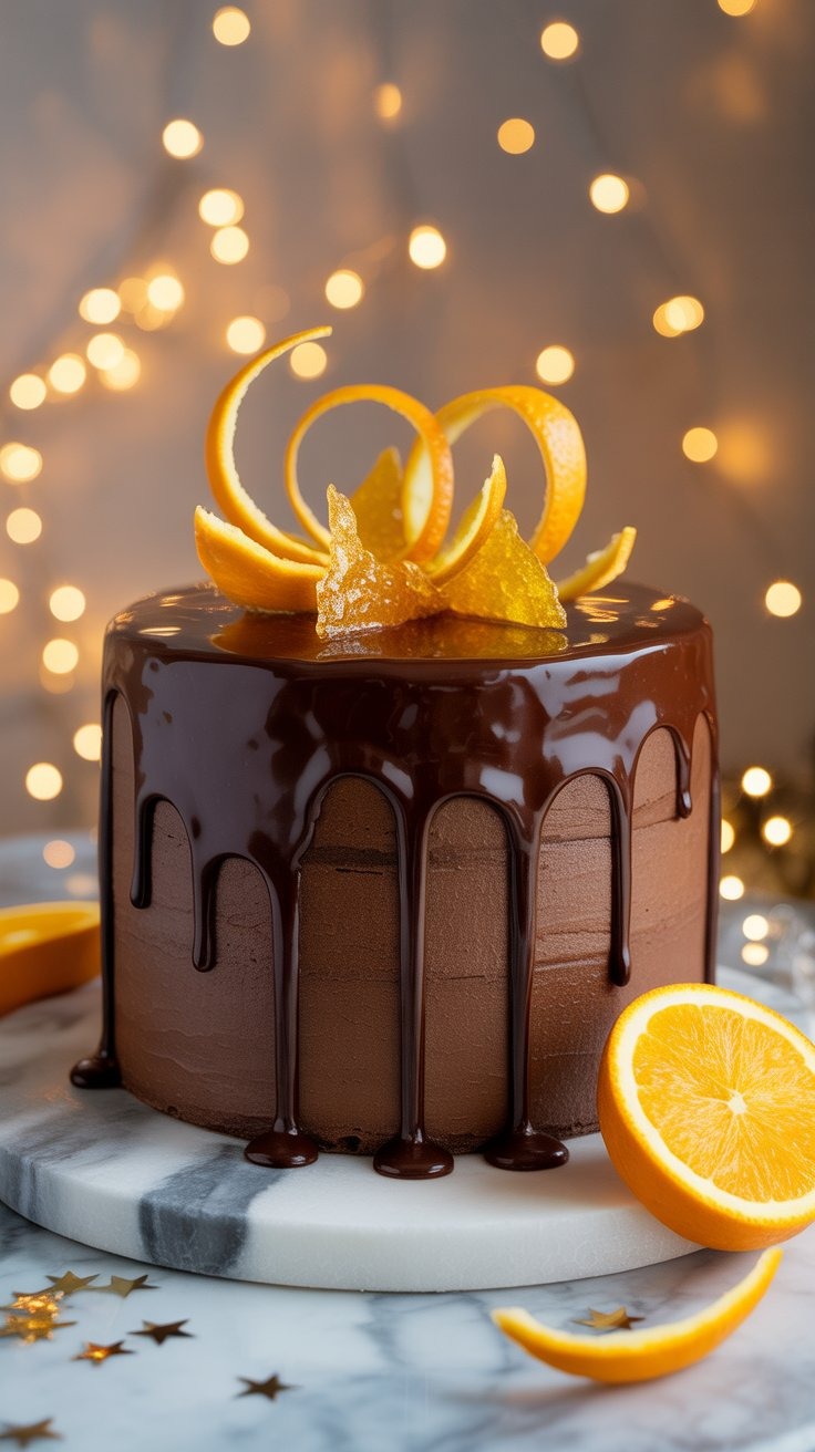 a chocolate cake with oranges and chocolate icing