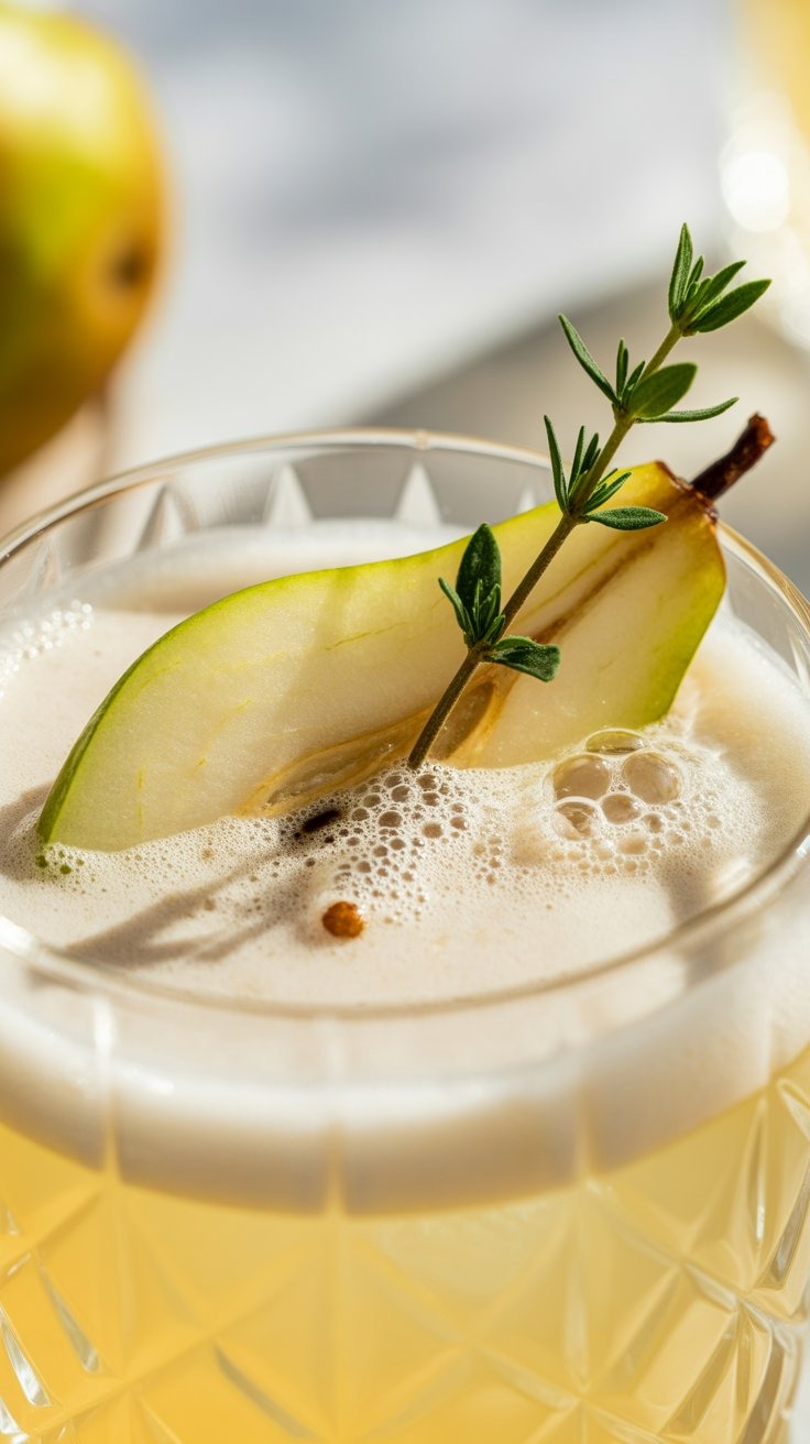 a glass of wine with a pear on it