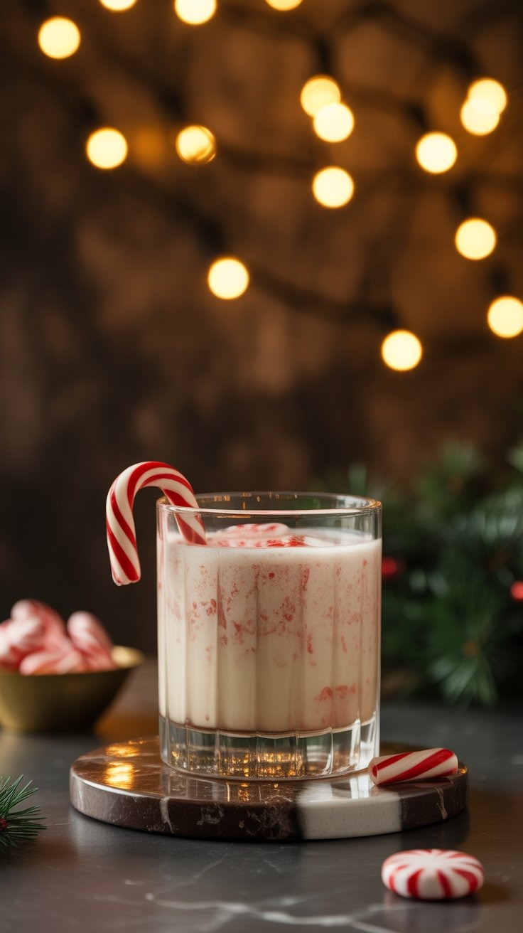 a glass of milk with candy canel candy cane