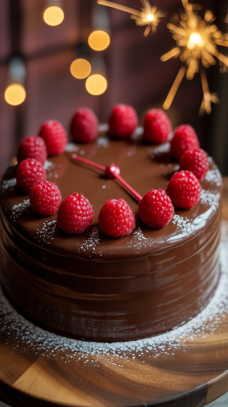 a chocolate cake with raspberries on top of a wooden table