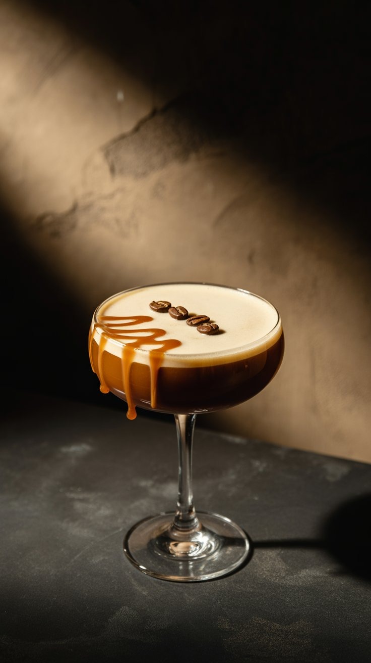 a cocktail with a caramel on a glass of coffee