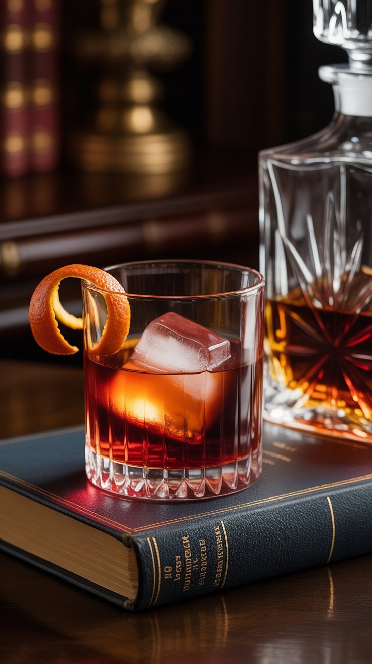 a glass of whiskey with a book and a book