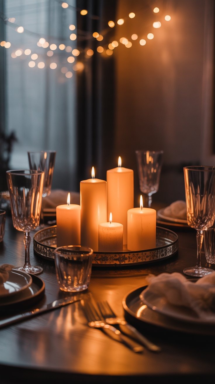 A cozy winter dinner table illuminated by soft candlelight and fairy lights, creating a golden, inti